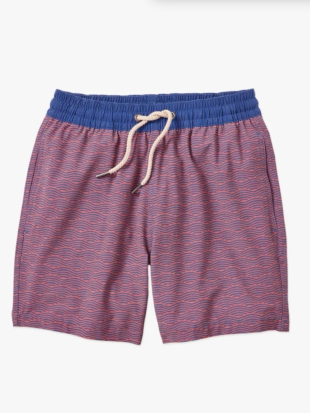 Fair Harbor Boy's Red Wave-Pattern Swim Trunks with Blue Waistband